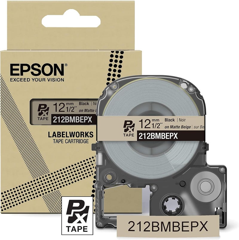 LABELWORKS Epson 212BMBEPX Genuine PET (Polyester) Tape Cartridge - Black on Matte Beige Designer Craft Label Maker Tape - 1/2" (12MM) Wide, 26' - Image 1